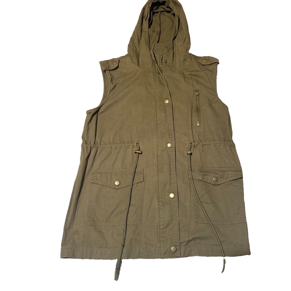 Zenana Outfitters Green Utility Vest Women Hooded Cargo Pockets Zip Up - Medium